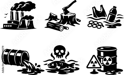 Environmental pollution icons set with industrial factory, deforestation, plastic waste, oil spill, and toxic waste silhouettes