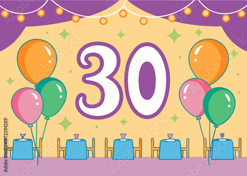 A large white number thirty with purple edges is placed above a row of banquet tables and chairs under festive purple curtains.