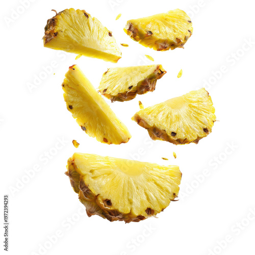 Fresh pineapple slices float against a white background in an artistic food display that highlights their juicy texture and vibrant color on transparent background