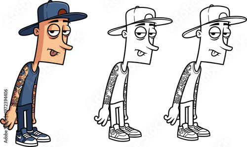 Cartoon male character design with street style outfit and tattoo sleeve, front and line art versions for animation, game assets, and creative illustration projects