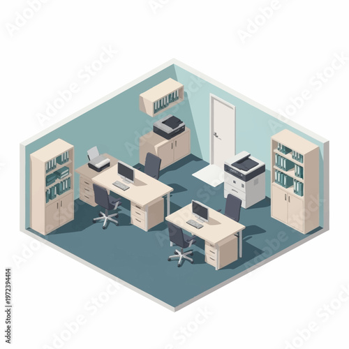 Isometric office interior with desks and computers.