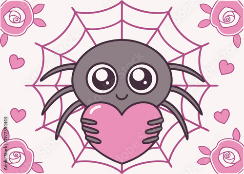 A friendly grey cartoon spider with large glossy eyes holds a pink heart while perched on a purple web surrounded by pink roses and hearts.