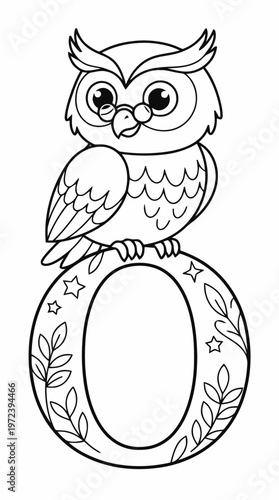 Coloring page of a wise owl with letter O for kids, vector style black and white line art.