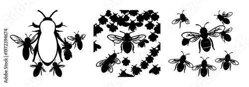 Bee cluster set with solid black icon on white background featuring bees, swarm, intelligence with icon design and vector illustration
