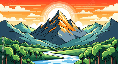 Flat vector mountain landscape at sunset, scenic nature valley with winding river and green forest, majestic mountain peak under orange sky