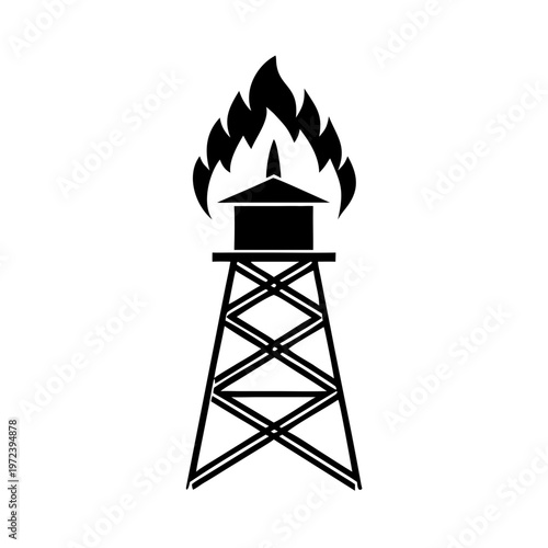 Minimalist forest fire watchtower with burning flame top, depicting urgent need for wildfire prevention. Elevated structure monitors vast wilderness, protecting natural habitats and communities.
