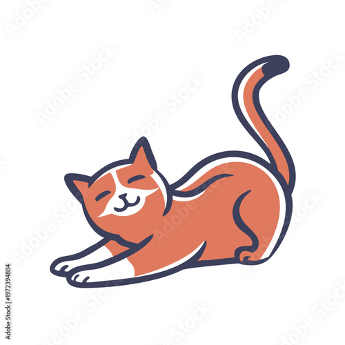 Orange domestic cat loosening up, stretching satisfied body with eyes closed and paws extended on white background. Playful kitten loosening up, showing relaxed posture or morning routine.