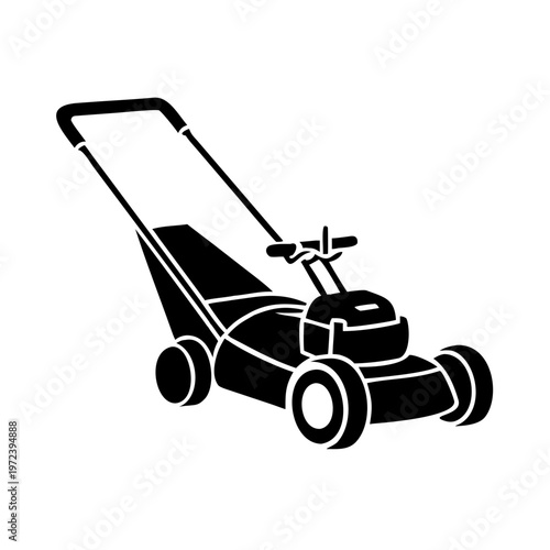 Black silhouette manual lawn mower illustration. Equipment features handle, wheels, cutting deck, sharp blades for manual lawn mower. Useful for garden care, home improvement, manual lawn mower ads.