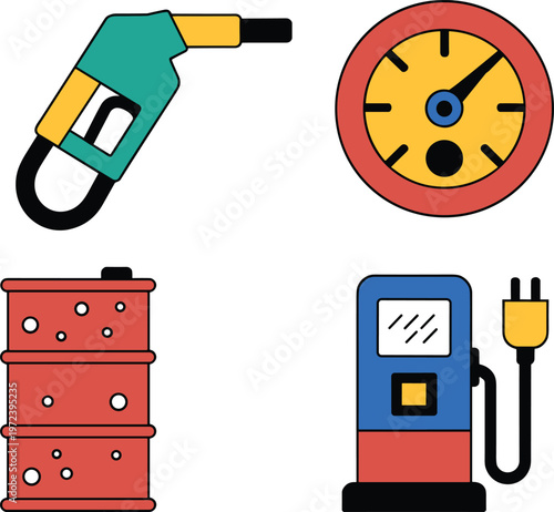 Energy and fuel icon set featuring gasoline nozzle pressure gauge oil barrel and electric vehicle charging station illustration vector