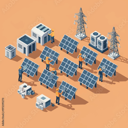 Workers installing solar panels and equipment.