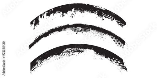 Set of three horizontal black grunge banners with urban industrial textures. Featuring tire tracks, halftone patterns, ink splatters, and distressed paint effects on a white background. 