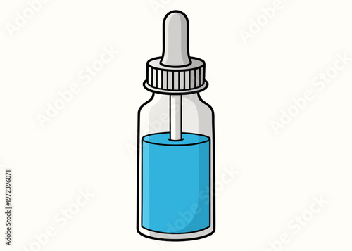 A transparent glass dropper bottle containing blue fluid with a white screw cap and grey bulb isolated on a plain off-white background.