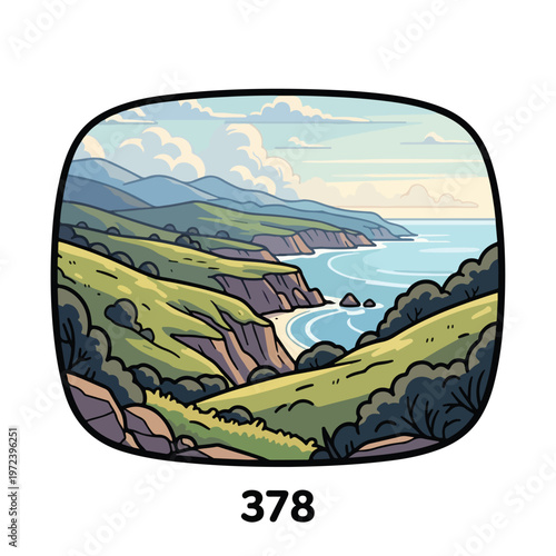 Serene green hillside overlooking ocean.