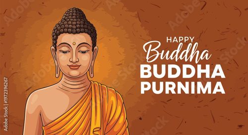 Buddha Purnima celebration with serene Buddha statue in orange robes on textured brown background