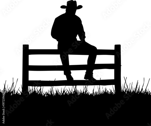 Silhouette of a Cowboy Wearing a Hat Sitting on a Wooden Ranch Fence in a Grassy Field Vector Illustration