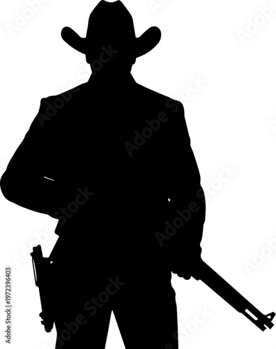 Black Cowboy Silhouette Vector with Rifle and Handgun Holster Isolated on White Background