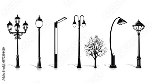 Urban street lamp collection with tree on white background, black and white illustration