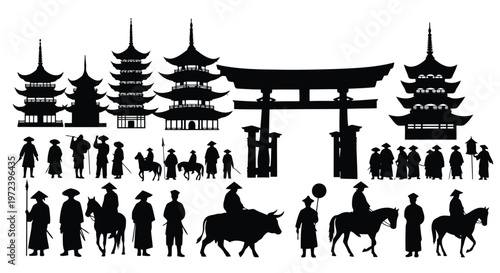Traditional Japanese pagodas and gate with people in historical Asian setting
