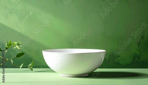 Bright, empty white bowl rests on a green surface against a textured green backdrop, illuminated by sunlight