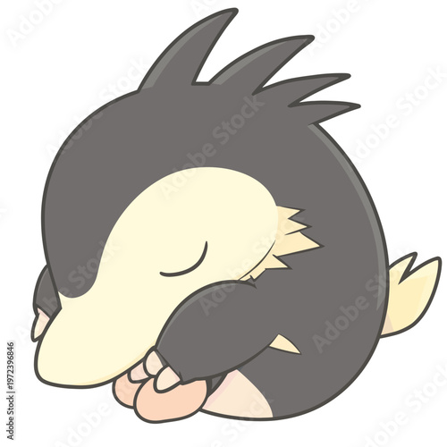 Cartoon creature sleeping in a ball, grey and cream with small spikes, closed eyes and a small tail