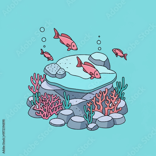 Colorful illustration of fish and coral reef.