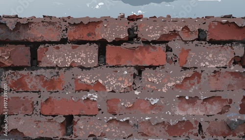 A close-up view of a weathered brick wall with peeling paint and mortar