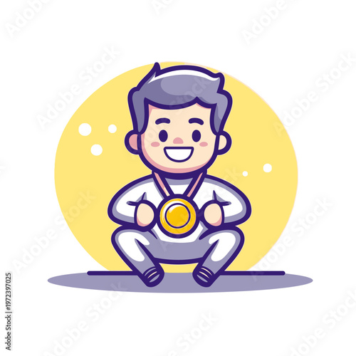 A cartoon boy wearing a gold medal sitting in a squatting position. He is smiling with a yellow backdrop