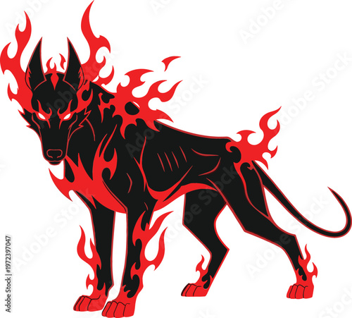 Flaming hellhound illustration featuring fiery demon dog with burning flames, aggressive stance, and dark fantasy creature design in bold vector style