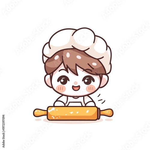Adorable cartoon chef preparing baked goods with a rolling pin on white background