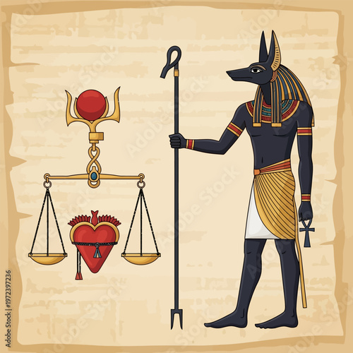 Detailed flat design illustration of Anubis, the ancient Egyptian god, overseeing the symbolic heart weighing ceremony on a textured papyrus background. Useful for history, education, or cultural.