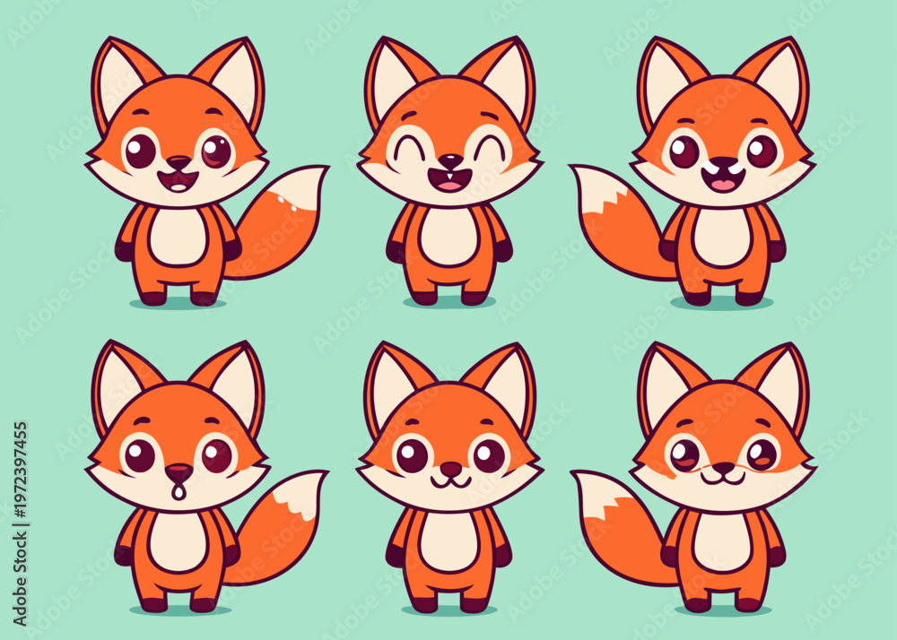 Fototapeta premium Six orange cartoon fox characters are standing in two rows on a mint green background with each showing a unique facial expression.