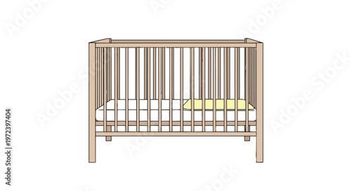 Wooden Baby Crib with Mattress and Yellow Pillow Isolated on White Background
