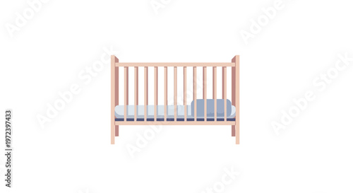 Minimalist vector illustration of a wooden baby crib with a small pillow