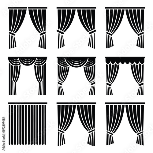 Set of curtain icons. vector black silhouettes of drapery on a transparent background, perfect for interior design projects.