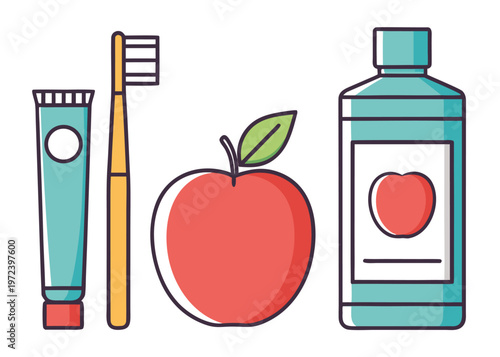 A teal toothpaste tube and a yellow toothbrush and a red apple and a large mouthwash bottle are positioned against a white background.
