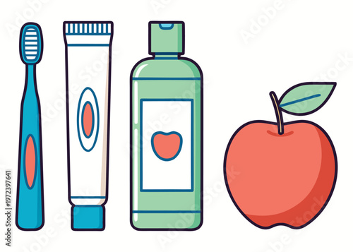 A blue toothbrush and a white toothpaste tube and a teal mouthwash bottle and a red apple are organized on a white backdrop.