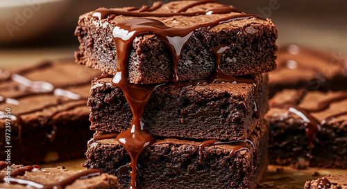 Decadent stacked dark chocolate brownies layered with glossy melted chocolate syrup.
