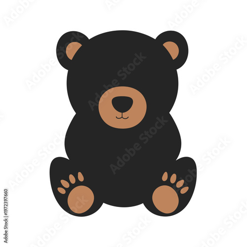 A cartoon bear sitting with its paws out. It has a round face with tan ears and muzzle