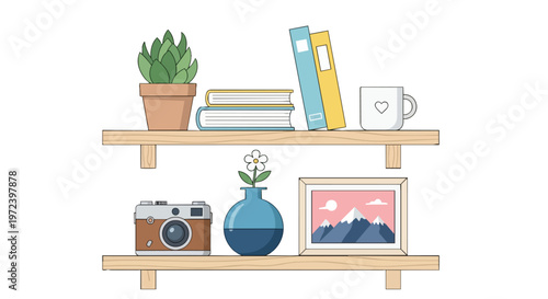 Wooden Shelves with Potted Plant Books Camera Vase and Picture Frame