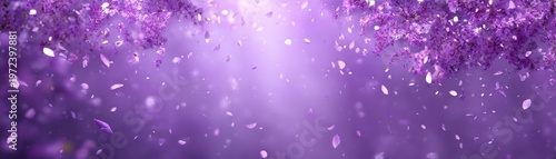 Soft purple petals gently fall amidst blooming branches, a serene and dreamy floral scene, Songkran abstract, summer relax