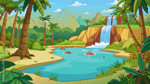 Tropical island, paradise landscape, palm trees, waterfall, exotic getaway