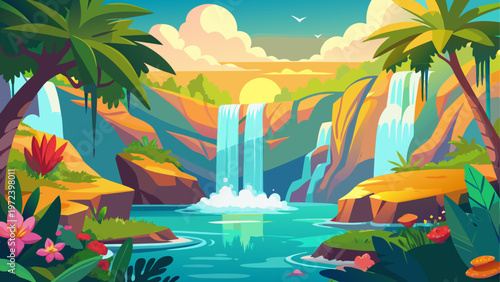 Tropical paradise, waterfall landscape, cartoon jungle, colorful illustration