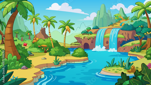 Tropical island, waterfall landscape, cartoon jungle, exotic paradise
