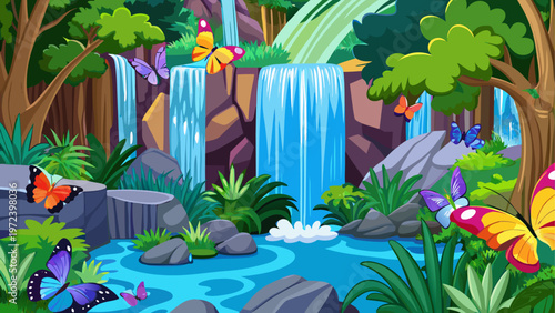 Cartoon jungle waterfall, tropical forest landscape, colorful butterflies, lush greenery, vector illustration