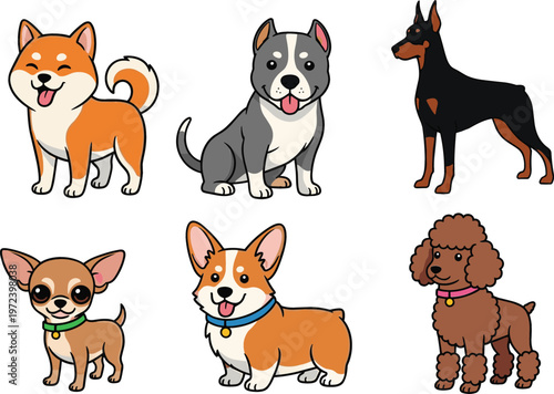 Cute dog breeds vector set including shiba inu, bulldog, doberman, chihuahua, corgi, and poodle in colorful cartoon style for pet design and branding