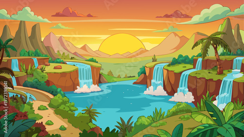 Tropical landscape, jungle scenery, waterfall paradise, exotic getaway