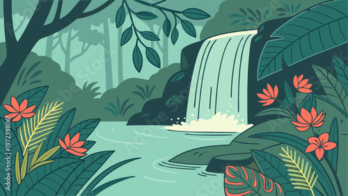 Tropical jungle landscape, waterfall, lush greenery, exotic plants, vibrant foliage