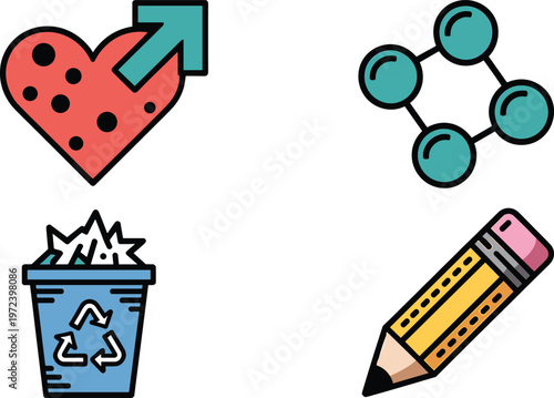 Miscellaneous icon set featuring heart with arrow symbol molecule structure recycling trash bin and yellow pencil illustration vector