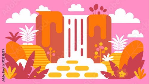 Tropical landscape, colorful illustration, pink background, orange architecture, foliage
