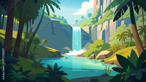 Tropical jungle landscape, waterfall paradise, exotic travel destinations, lush greenery